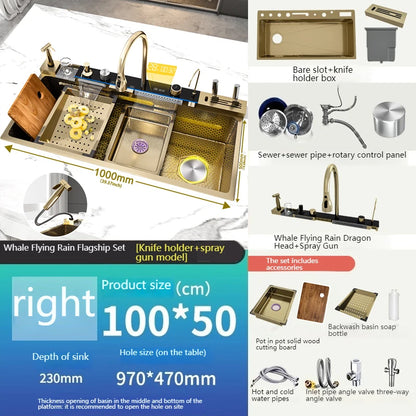 Stainless Steel kitchen Sink With Waterfall Golden Large Single Slot Multifunctional Digital Display Sinks 100*50CM