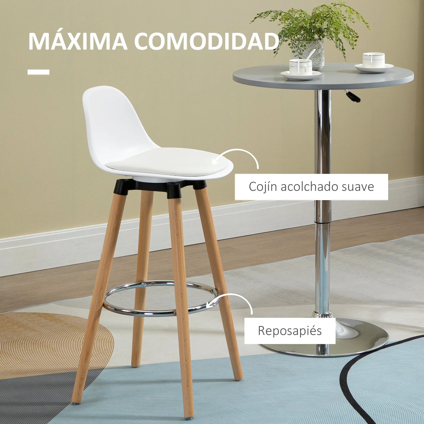 Barkrukken – Set van 2 – Keukenkrukken – Barstoelen – Gepolsterd – Massief Beukenhout – Met Voetsteun - 40 x 42 x 91 cm - Wit