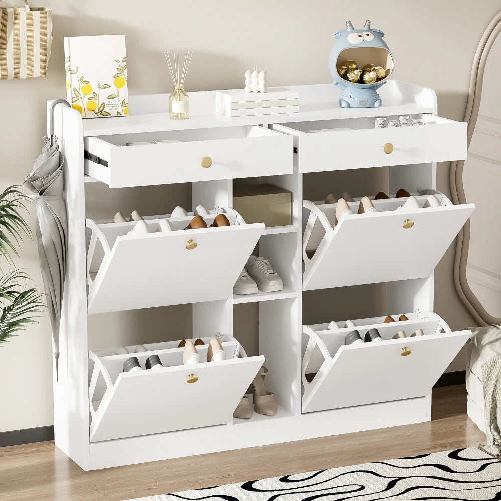 Schoenenkastje – Schoenenrek – Schoenenopbergkast – Halmeubel – Entreekast – Wit – 110x26x100 cm – 4 Klapdeuren Met 2 Lades - QUORE