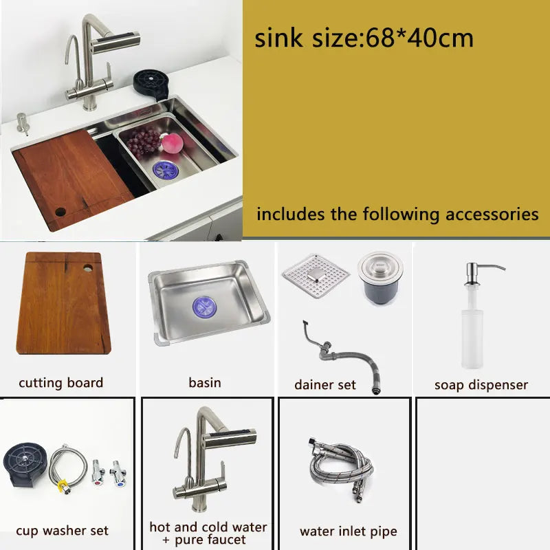 Roestvrijstalen Spoelbak – Keukenspoelbak – Onderbouw Spoelbak – Enkele Bak – Spoelbak Met Kraan – 68x40 cm – 304 RVS – Watervalkraan Inclusief
