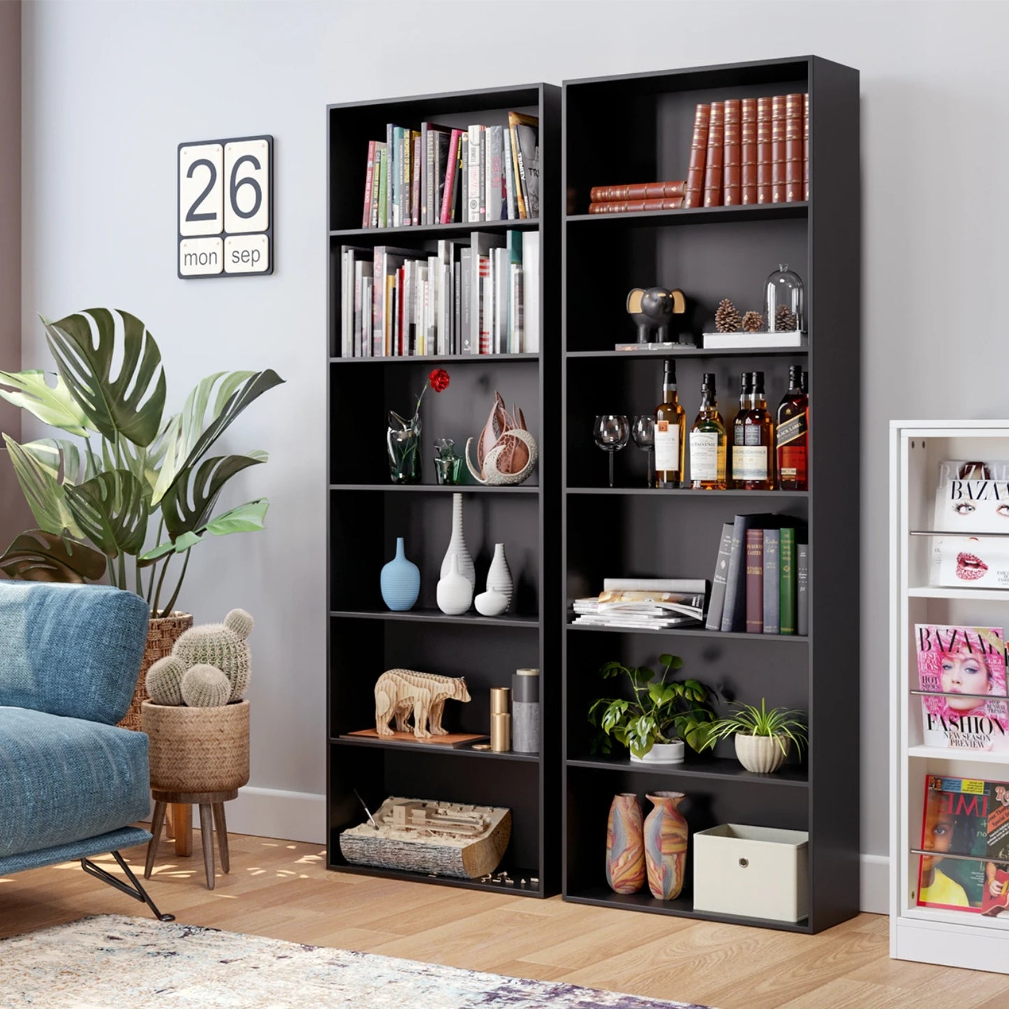 Boekenkast - Kast - Boekenrek - Hoge Kasten - Boekenkasten - 6-Tier - 180 cm Display Rek - Houten Opbergkast voor Woonkamer - Opbergsysteem - Eiken - QUORE