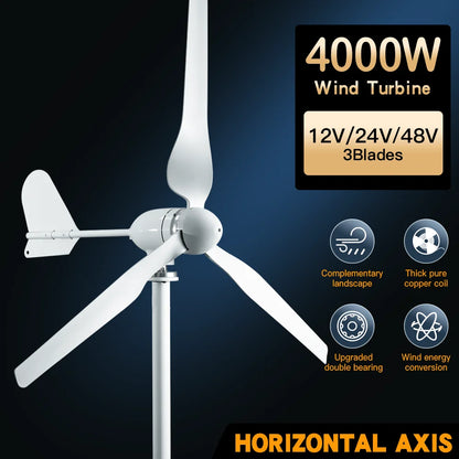 Windgenerator – Windturbine – Windmolen – Windenergie Generator – Horizontale As – 4000W Vermogen – 48V Met MPPT Regeling