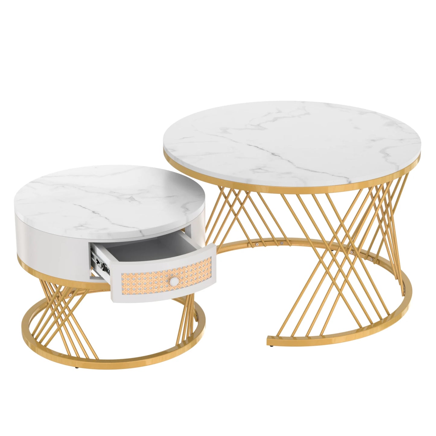 Salontafel – Koffietafel – Bijzettafel – Tafeltje – Tafelset – MDF Marmerlook Blad – Gouden Metalen Poten – 2-in-1 Set Met Lade – Afm. 70x70x45,5 & 50x50x38,5 cm