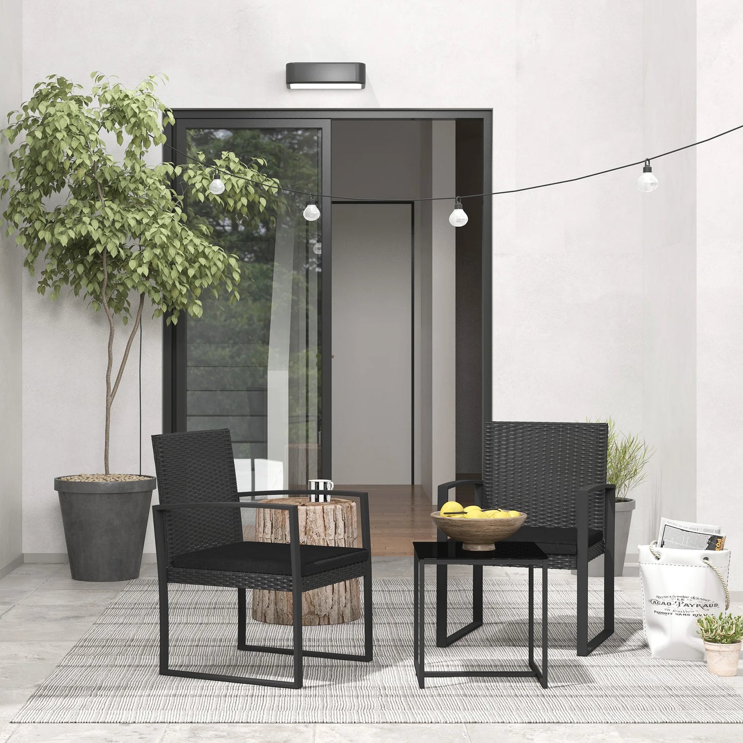 Set van Kunststof Rattan Tuinmeubelen met Zwarte Kussens - 3-delige Patio Set - Moderne Tuinmeubels - Comfortabele Fauteuils & Salontafel - Makkelijk Schoon te Maken Kussens - Duurzaam Stalen Frame - QUORE
