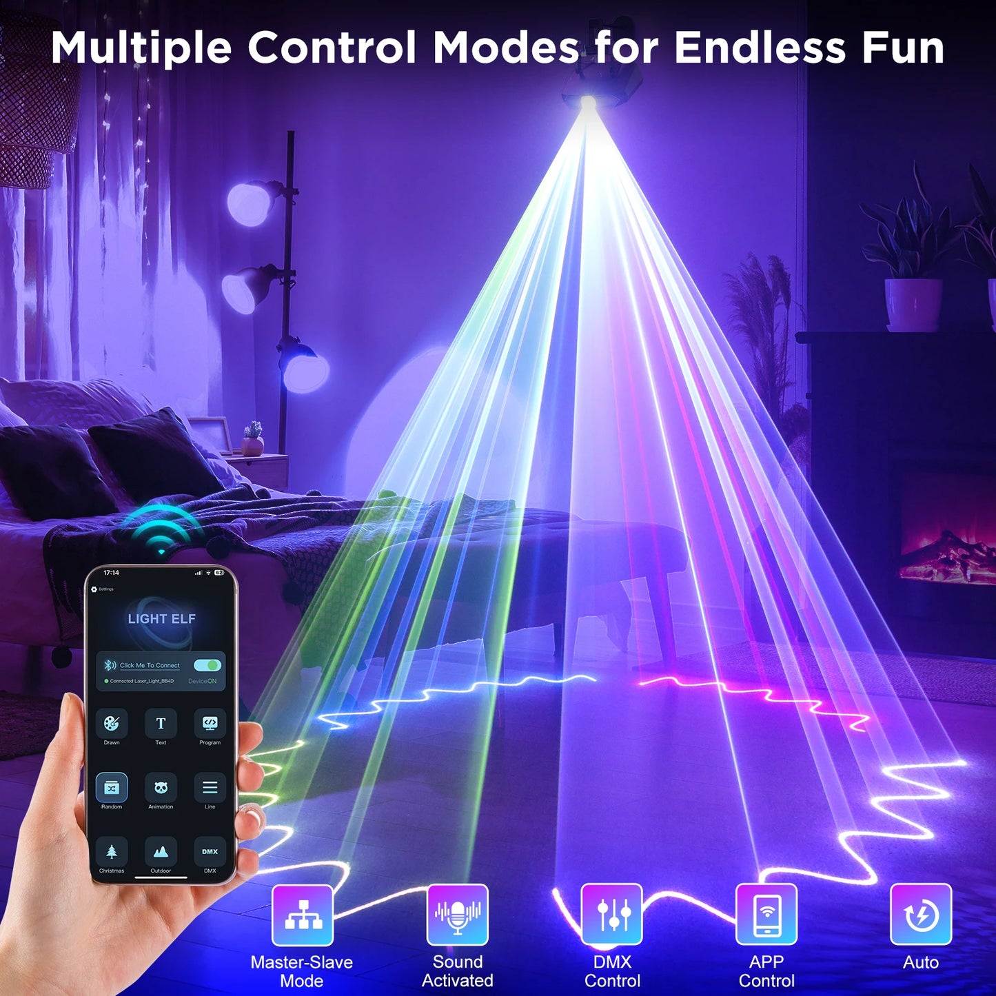 2W DJ Laser Party Light – Laserprojector – Partyverlichting – Discobeleuchtung – RGB Laser Lamp – EU Plug – 3D Animatie – Bluetooth App Bediening