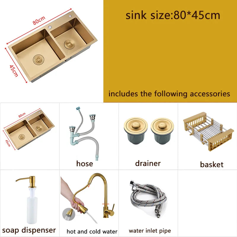 Dubbele Spoelbak RVS – Keukenspoelbak – Dubbelkomig – Aanrechtspoelbak – Gouden Spoelbak – 80x45 cm – 304 Roestvrij Staal – Inclusief Zeepdispenser & Afwateringsmand