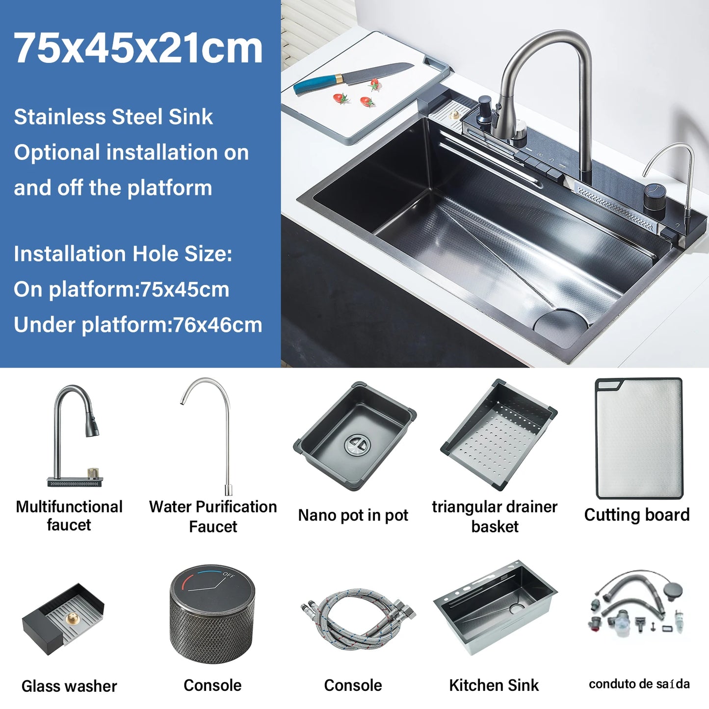 Waterfall Spoelbak – Keukenspoelbak – RVS Spoelbak – Enkele Spoelkom – Spoelbak Met Kraan – Gun Grey Variant – Roestvrij Staal 304 – Geïntegreerd Digitaal Display