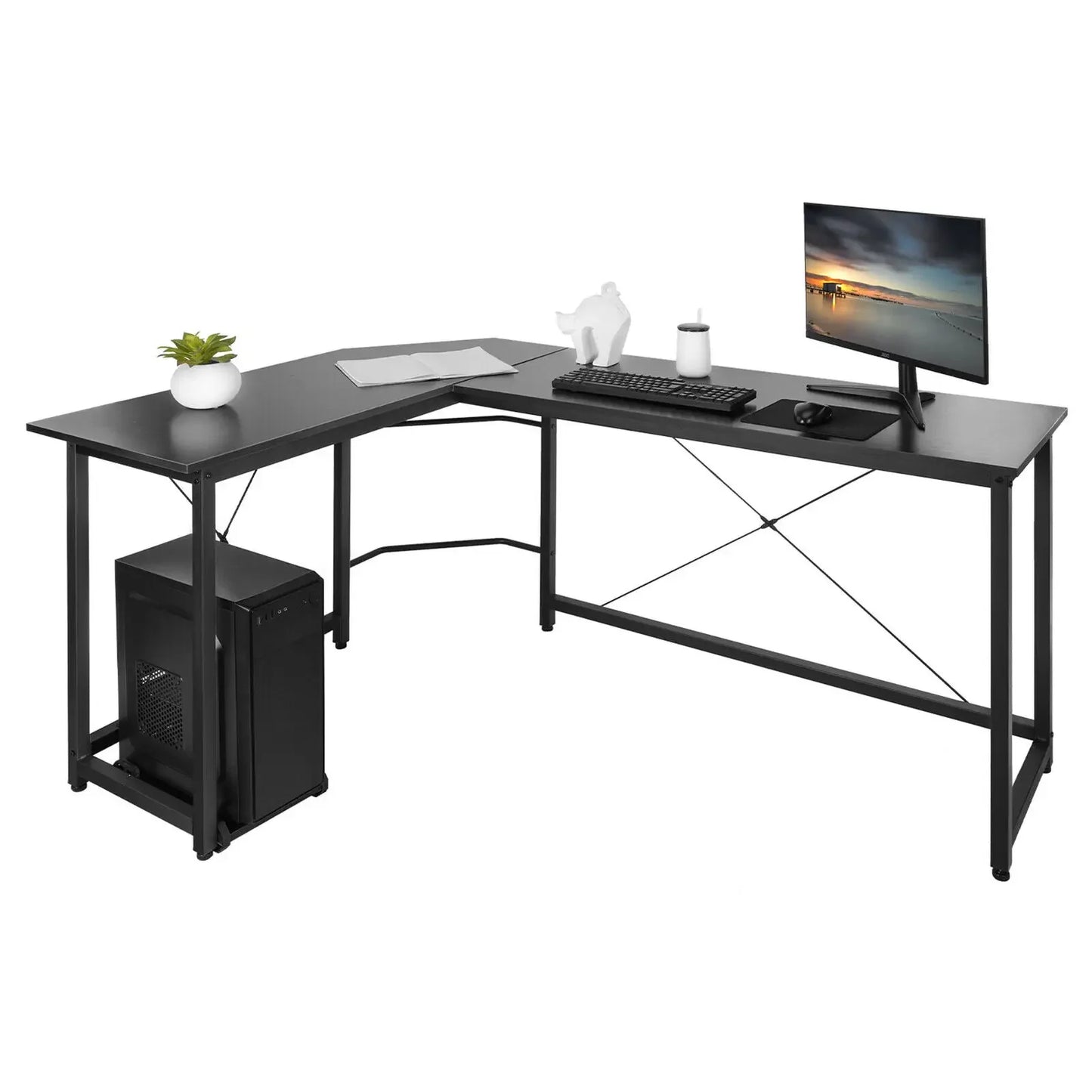 L-vormige Bureau - 170cm - Gaming - Werkstation Tafel - Bevestigingshaak - Stabiele Constructie - Metalen frame - 170x120 x75cm - Zwart - QUORE