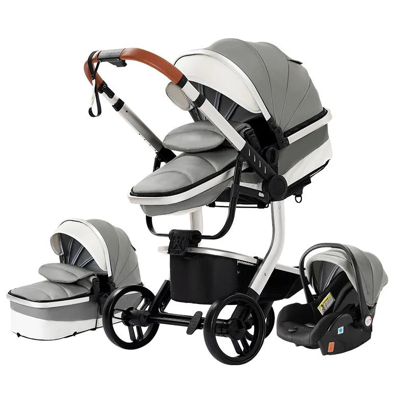 3-in-1 Opvouwbare Kinderwagen - Babywagen - Poussette - Buggy - Pram - Wandelwagen - PU Leren Bekleding – Inclusief Autostoel – Lichtgewicht & Multifunctioneel – Grijs