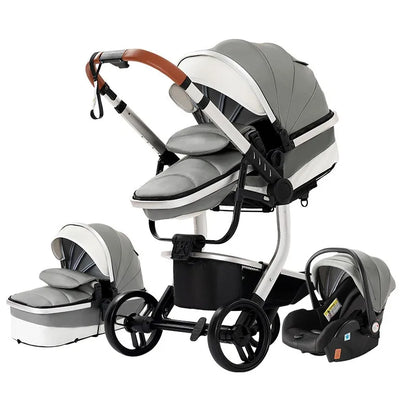 3-in-1 Opvouwbare Kinderwagen - Babywagen - Poussette - Buggy - Pram - Wandelwagen - PU Leren Bekleding – Inclusief Autostoel – Lichtgewicht & Multifunctioneel – Grijs