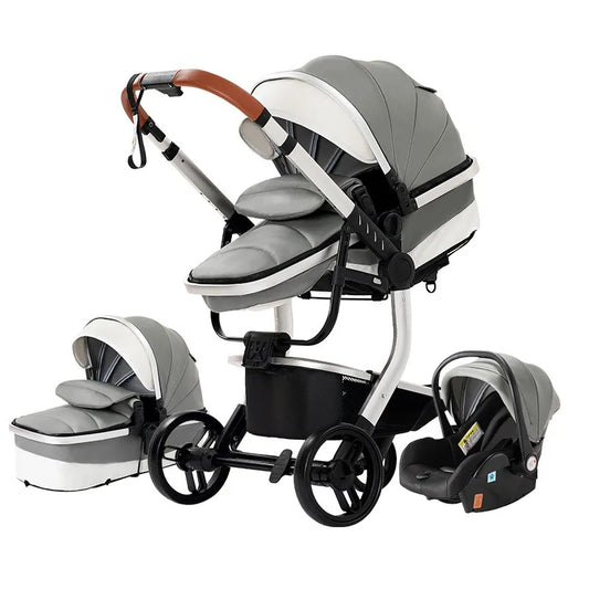 3-in-1 Opvouwbare Kinderwagen - Babywagen - Poussette - Buggy - Pram - Wandelwagen - PU Leren Bekleding – Inclusief Autostoel – Lichtgewicht & Multifunctioneel – Grijs