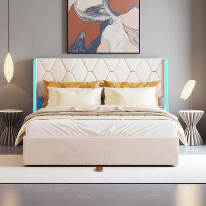 Comanlai 140x200cm/160x200cm Hydraulic Storage Bed,Upholstered Bed with Headboard,Headboard with LED Lights,Double Bed,Flannel