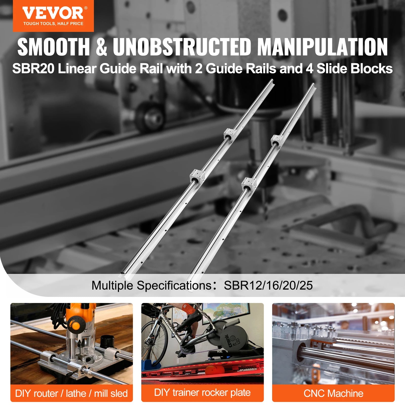 Lineaire geleiderails - Soepele beweging voor doe-het-zelf-haspels - SBR20 - Schuifblokken voor doe-het-zelf-CNC-freesmachines - 20 mm-1800 mm - Zilver - QUORE