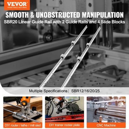 Linear Guide Rails - Smooth Motion for DIY Reels - SBR20 - Sliding Blocks for CNC Milling Machines - 20mm-1800mm - Silver