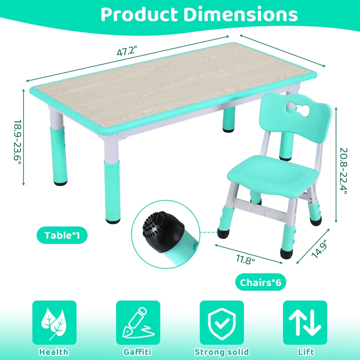 Kindermeubelset – Kinderstoel en Tafel – Speelset Kind – Verstelbare Kindermeubelen – Kindertafel Met 6 Stuks Stoelen – Verstelbare Hoogte – Duurzaam Kunststof Houtlook - Lichtgroen - QUORE