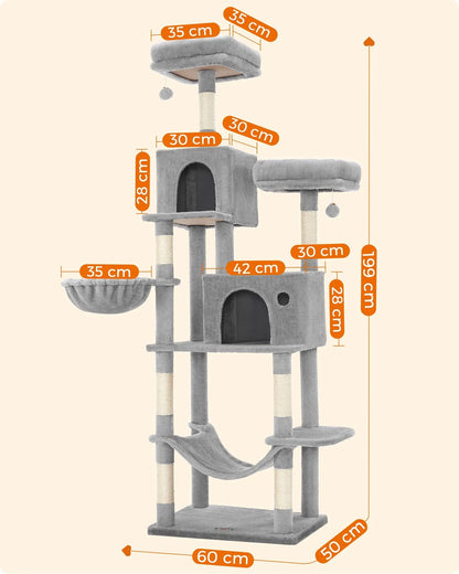 Krabpaal - Krabton - Krabmeubel - Kattentunnel - Kattenspeelgoed - 199cm - Inclusief Grote Ligplaats en Afneembare Hoezen – Lichtgrijs - QUORE