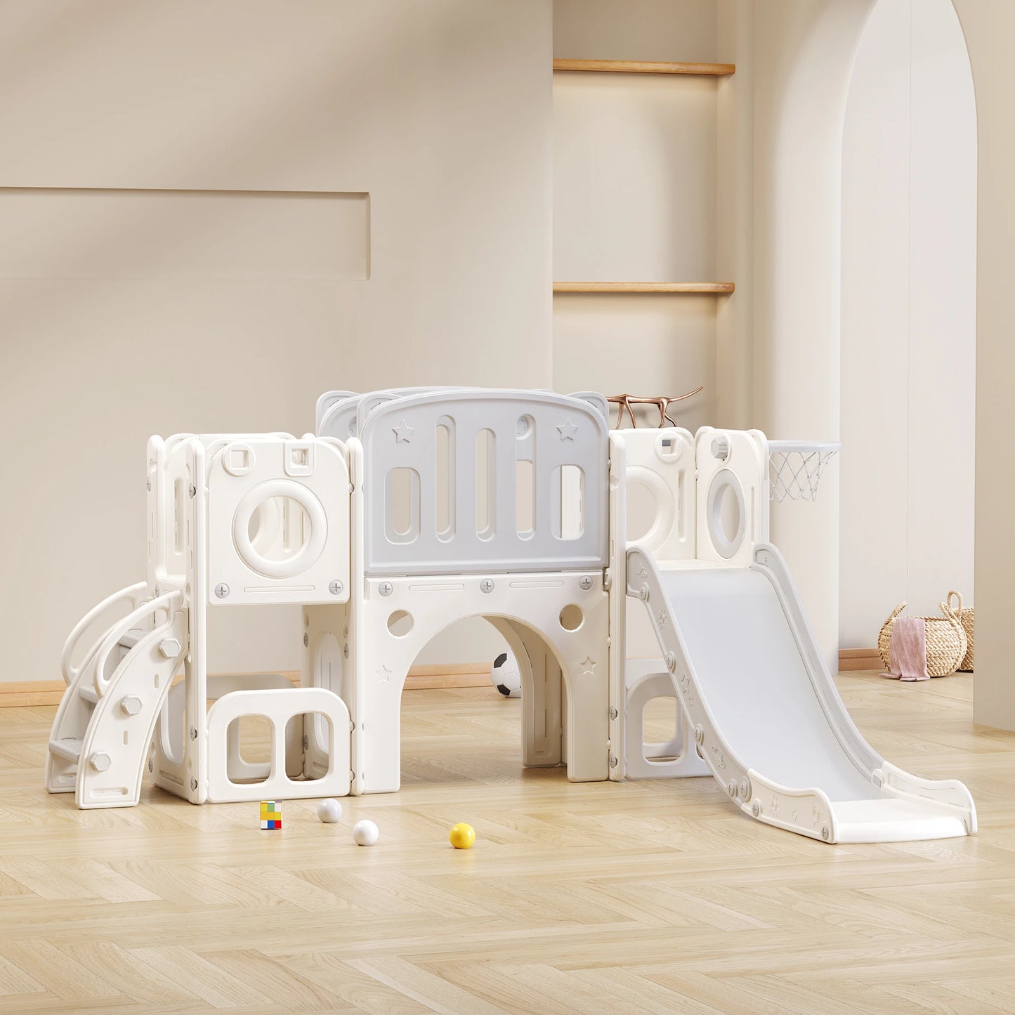 6-in-1 Speelset Kinderen – Glijbaan – Klimrek – Schommel – Basketbalring – Veilig HDPE Kunststof – Compact Ontwerp 174x150x95 cm