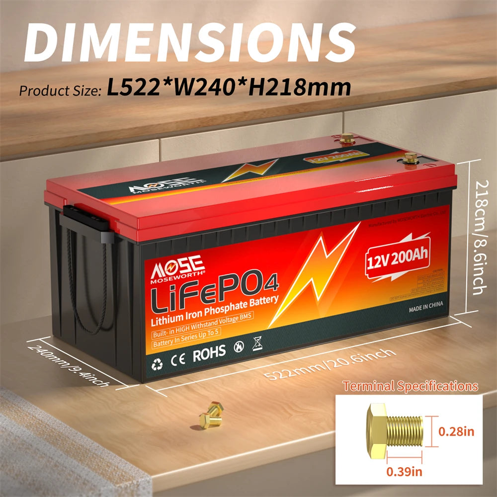 12V 200Ah LiFePO4 Accu – Lithium Accu – Solar Accu – Boot Accu – Camper Accu – Ingebouwde BMS – Diepe Cyclus Capaciteit