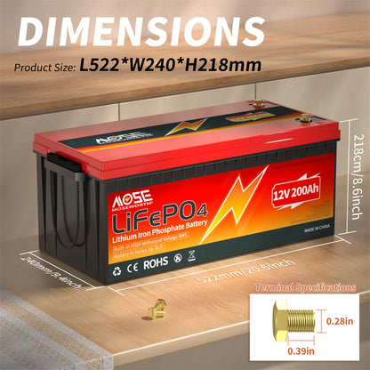 12V 200Ah LiFePO4 Accu – Lithium Accu – Solar Accu – Boot Accu – Camper Accu – Ingebouwde BMS – Diepe Cyclus Capaciteit
