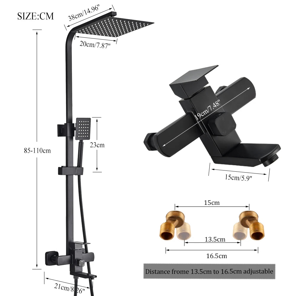 Douche - Regendouche - Douchewand - Douchekolom - Douchepanelen - Mat Zwarte Regendouche Set - 8 Inch Douchekop - Hoogdruk Mengkraan - Verstelbaar 70-110 cm - Wandmontage & Opbergrek