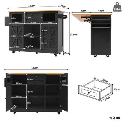 Kitchen island, dining cart with worktop, buffet cabinet, dining cart with wood grain, side towel rail,adjustable dividers,black - QUORE