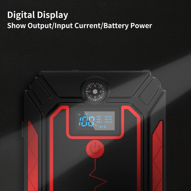 Jumpstarter - Jumpstarter voor auto - 10W - 2500A - Met compressor - Jumpstarter met Powerbank, LED-zaklamp en SOS-noodverlichting - LCD-scherm - Veiligheidshamer - Zwart