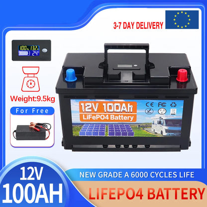 Batterij - Solar batterijen - Zonne opslag - Lithium IJzer Fosfaat Batterij - Opslag - 12V - 100AH - LiFePO4 Batterij met Ingebouwde BMS voor RV, Campers, Golfkarren en Zonne-opslag