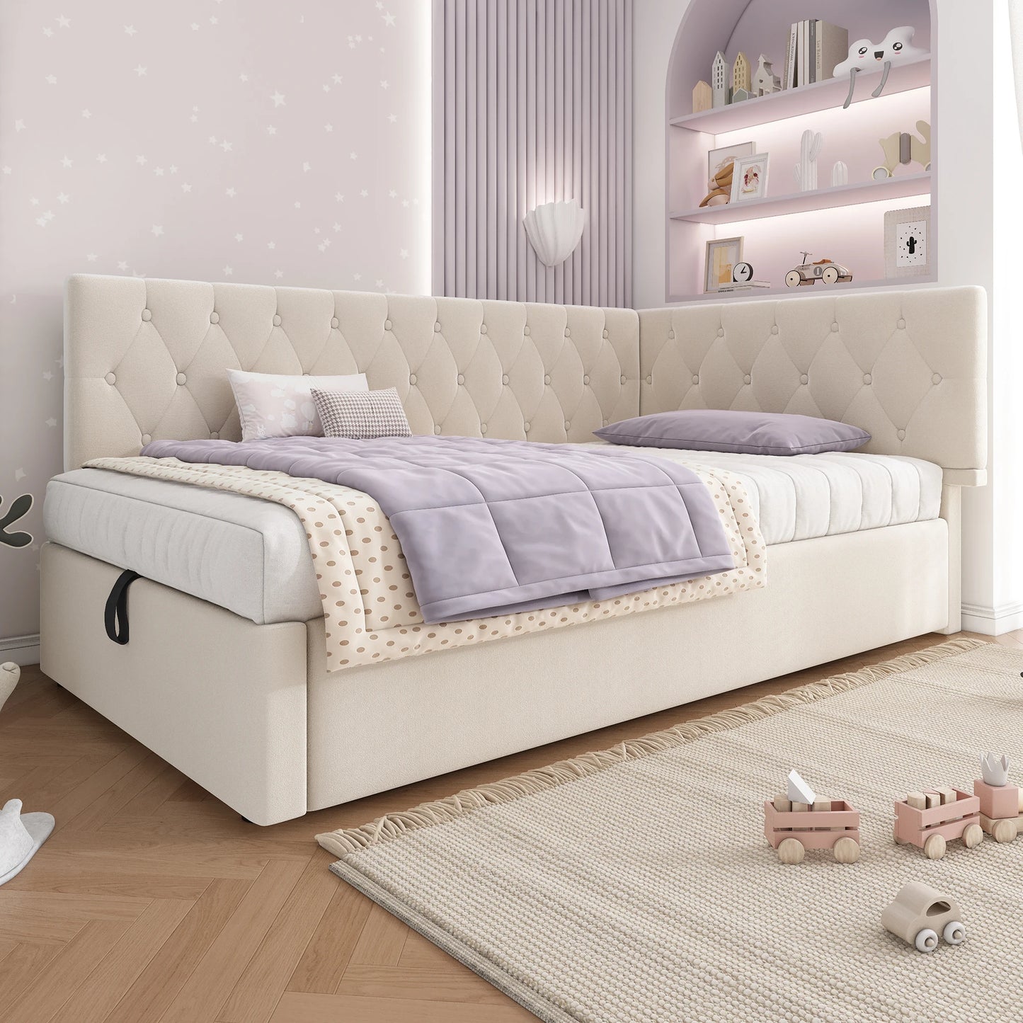Daybed – Zitbank – Slaapbank – Loungemeubel – Slaapbed – Roze Velvet – Hydraulische Opbergruimte – 90x200 cm – Houten Frame