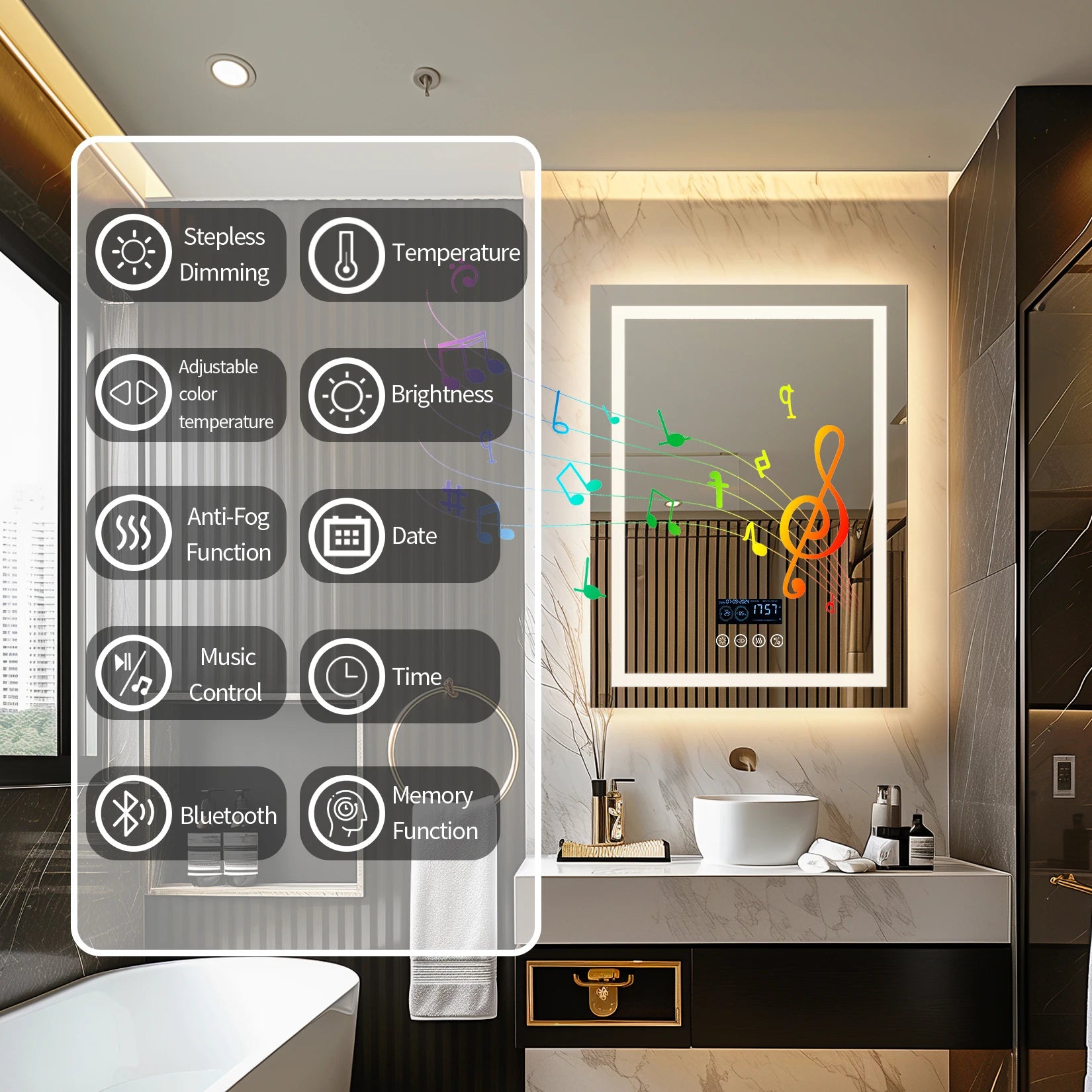 Badkamerspiegel – Spiegel Met Speaker – Led Spiegel – Anti-Fog Spiegel – Frameloos Design – Bluetooth Speaker – Driedelige Ledverlichting - Ovaal - 120x60cm - QUORE