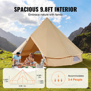 Vevor - Kampeertent - Kampeertent voor buiten - Draagbaar - Canvas Bell Tent - 4Seizoenen - 3m - met kacheljack - tot 4 personen