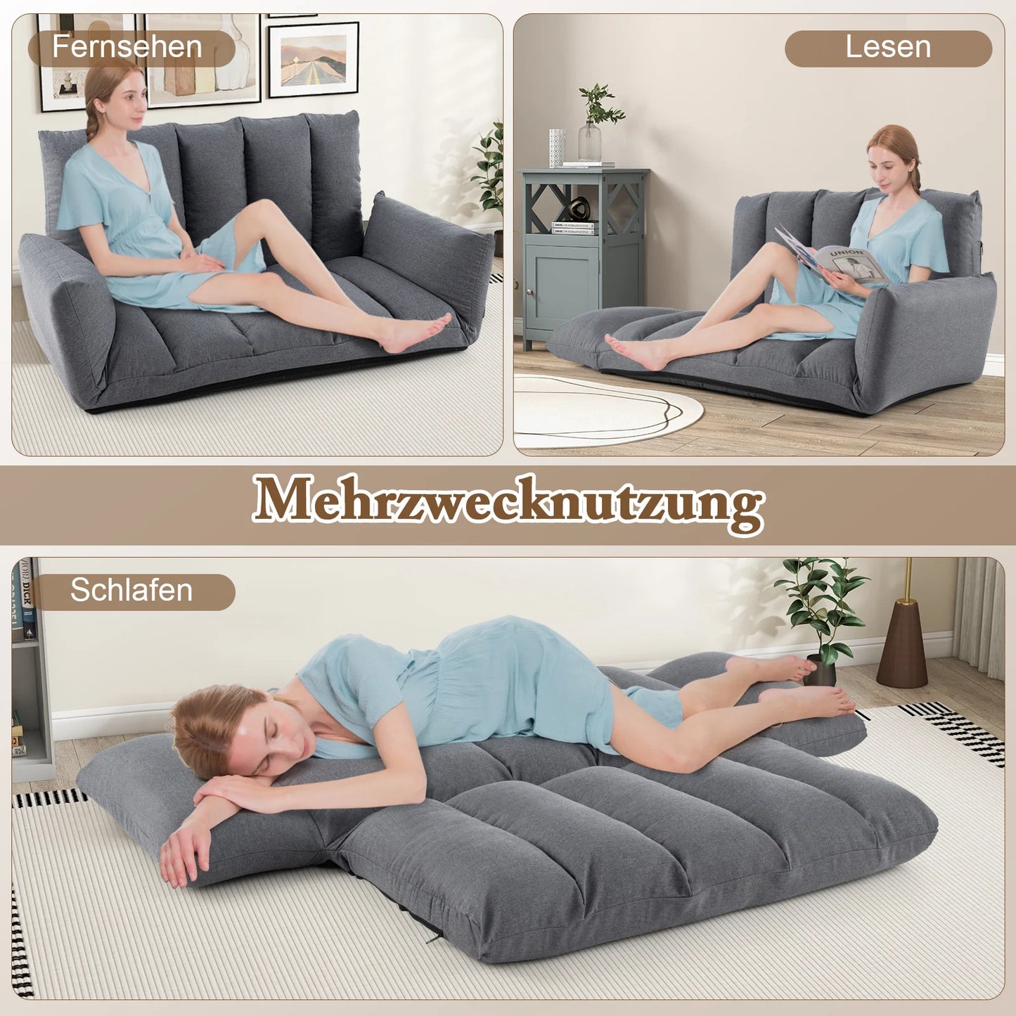 Opvouwbare Lounge Sofa – Verstelbare Rugleuning & Armleuningen – Grijze Vloerstoel met 5 Posities – Comfortabele Speelkamer / Gaming / Slaapbank – Geen Montage Nodig