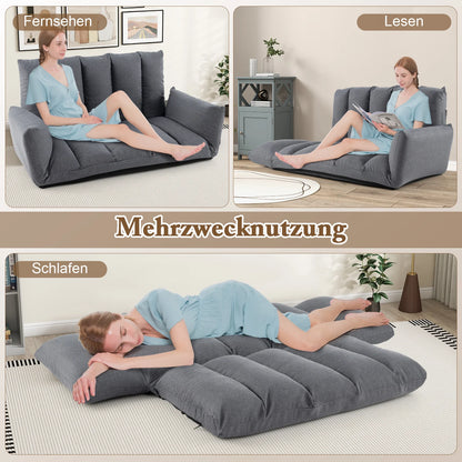Opvouwbare Lounge Sofa – Verstelbare Rugleuning & Armleuningen – Grijze Vloerstoel met 5 Posities – Comfortabele Speelkamer / Gaming / Slaapbank – Geen Montage Nodig