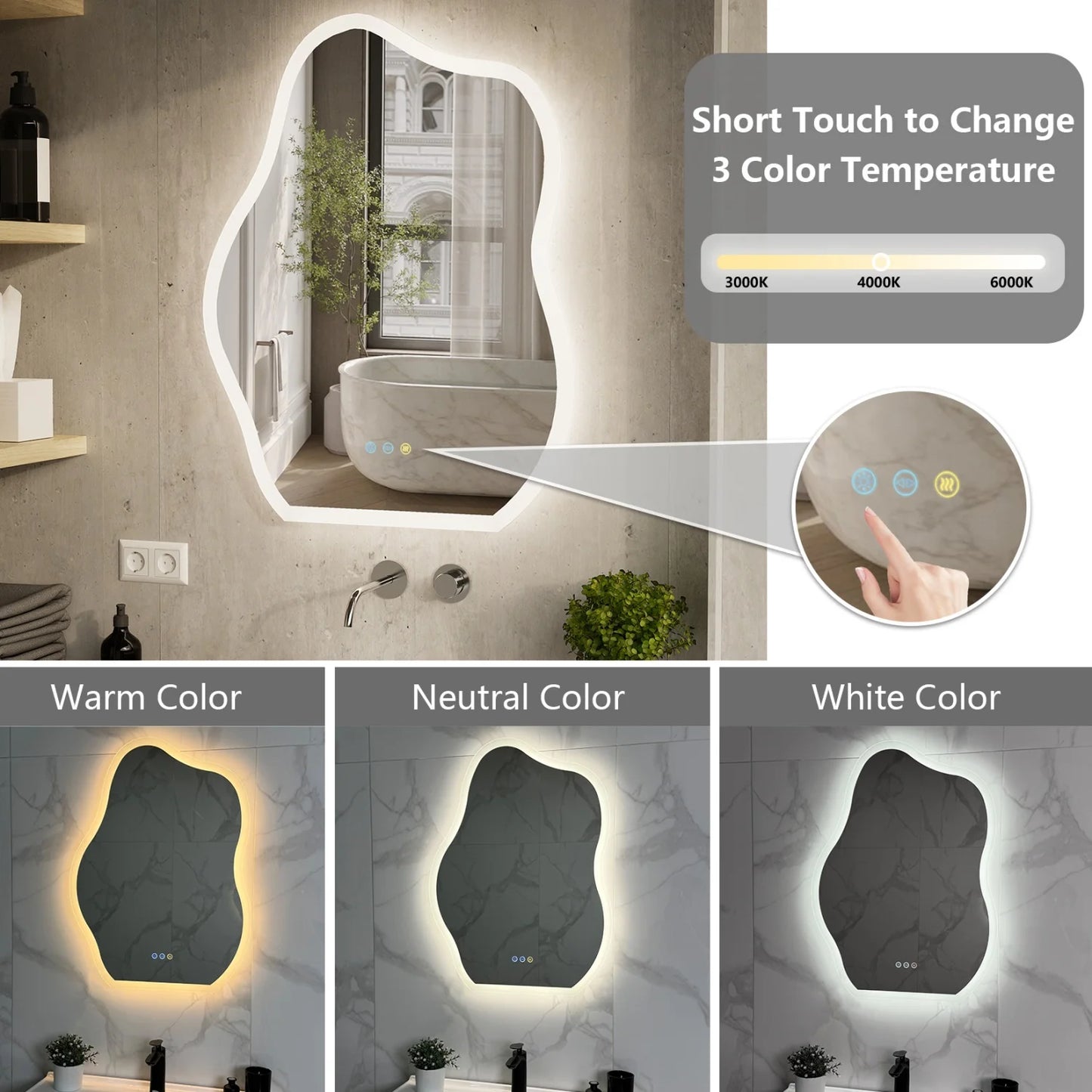 LED Badkamerspiegel – Badkamerspiegel LED – Verlichte Spiegel – Anti Condens Spiegel – Make-up Spiegel – 60x80 cm Onregelmatig – Dimbare LED Verlichting – Snel Ontwasemen IP66