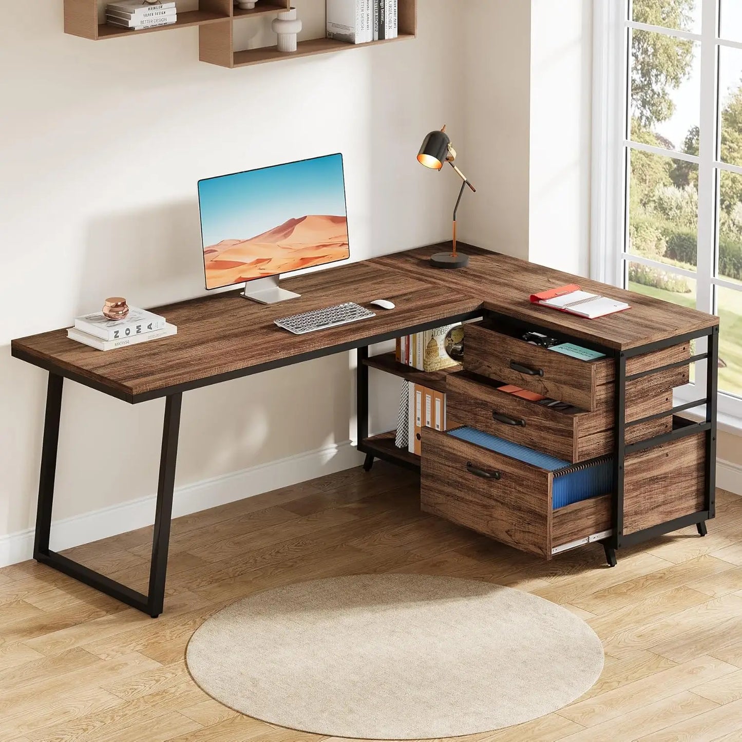 L-Vormig Bureau – Hoekbureau – Werkplek Meubel – Computertafel – Ruimtebesparend Design – Opbergruimte Met Laden - 135 x 100 x 75 cm - Bruin