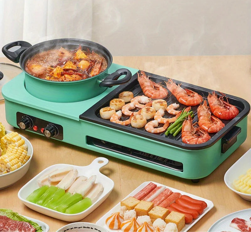 Elektrische Grillplaat - Teppanyaki Grill - Hete Pot - Draagbare Rookloze BBQ-hotpot - Ideaal voor 3-6 Personen - Multifunctionele - 220V - 240V - 2200W - 51.2 x 24.5 x 9.5 cm - Groen