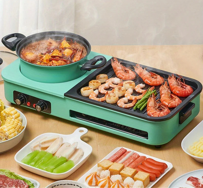 Elektrische Grillplaat - Teppanyaki Grill - Hete Pot - Draagbare Rookloze BBQ-hotpot - Ideaal voor 3-6 Personen - Multifunctionele - 220V - 240V - 2200W - 51.2 x 24.5 x 9.5 cm - Groen