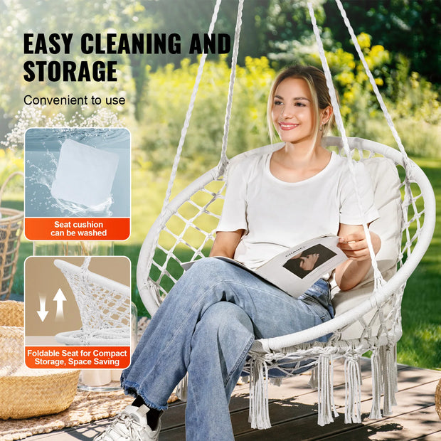 Hangmat - Hangmat voor Twee Personen - Hanging Chair - Hamac - Hammock Chair -  Schommelstoel - 330 lbs capaciteit - Macramé Hangstoel Katoenen Touw - voor Slaapkamer Balkon Patio Tuin - Wit