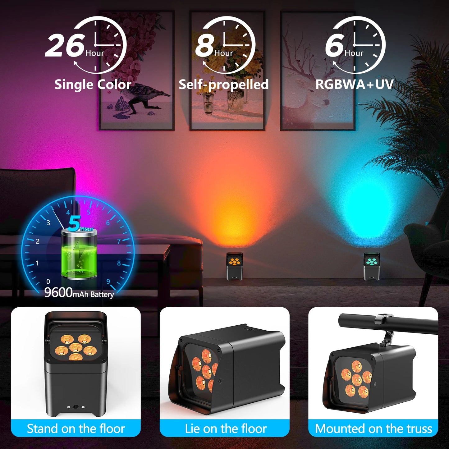 Fieryzeal 2PCS 6x18W RGBWAUV LED Par Light Wireless Built-in Battery Remote Control WiFi Wash Wall Stage Light for DJ Disco KTV