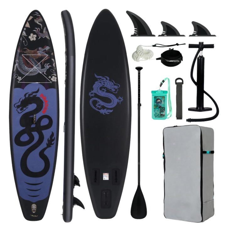 Supboard - Paddle Board - Peddelplank - Surfplank - Opblaasbaar - Inc. Peddel - 3 x Vin - Leash - Riem - Handpomp - Rugzak - Waterdichte Telefoonhoes - 350 x 84 x 15 cm - Zwart & Blauw