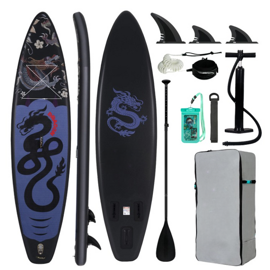 Supboard - Paddle Board - Peddelplank - Surfplank - Opblaasbaar - Inc. Peddel - 3 x Vin - Leash - Riem - Handpomp - Rugzak - Waterdichte Telefoonhoes - 350 x 84 x 15 cm - Zwart & Blauw