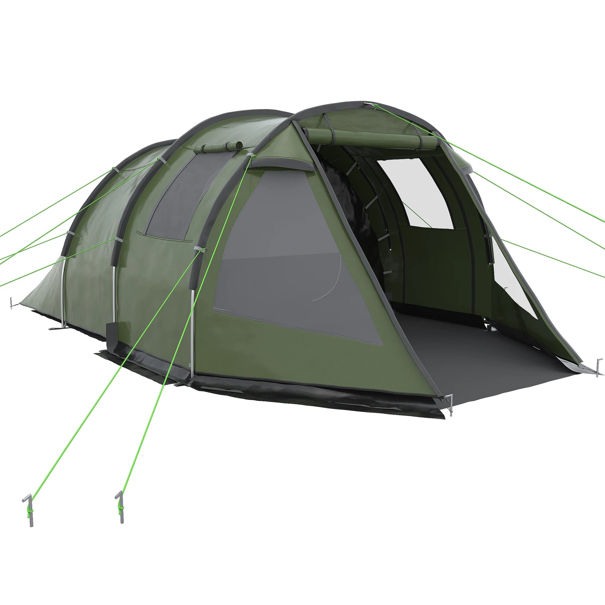 Tunnel Tent - 3 tot 4 Personen - Waterdicht & UV-bestendig - Grote Ruimte - Ventilatieramen - Outdoor Kampeertent - 475x264x172 cm - Groen - QUORE
