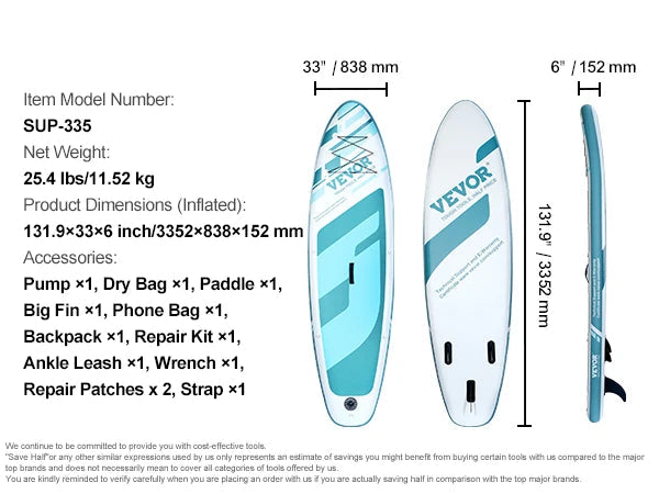 Sup Board - Supboard - Sup Board Opblaasbaar - Kayak - Paddle Board - Kajak - met SUP Board Pomp Paddle Fin Telefoontas Rugzak Enkelriem Reparatieset Antislip Dek - 11x33x6 Inch