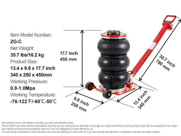 Pneumatische Krik - Autokrik - Garagekrik - Krik - 3 Ton - Verstelbare Triple Bag Air Jack met Wielen en Inklapbare Stang - Luchtkussen Krik - Rood - QUORE