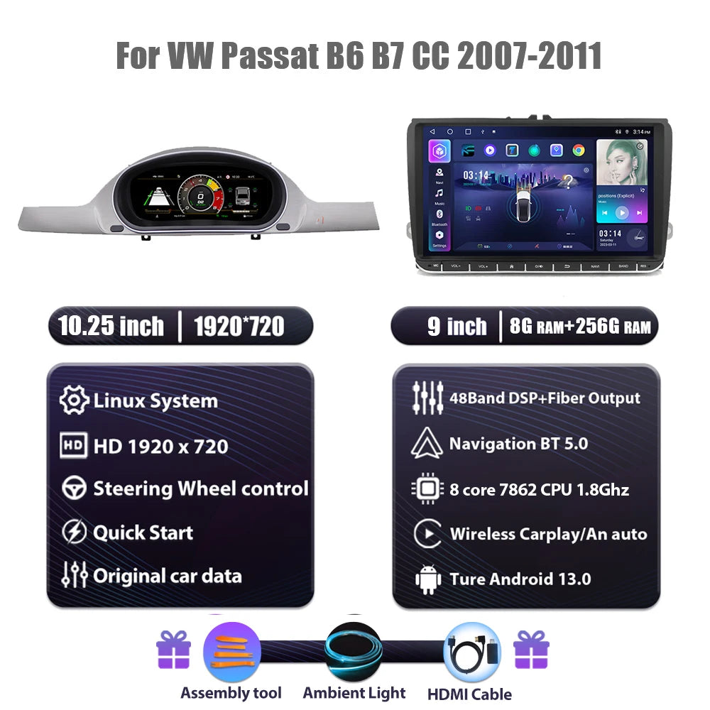 Digitaal Dashboard VW Passat – Virtuele Tellerpaneel – LCD Instrumentenpaneel – Auto Cockpit Display – Instrument Cluster – 12,3 Inch HD IPS Scherm – Plug & Play Installatie