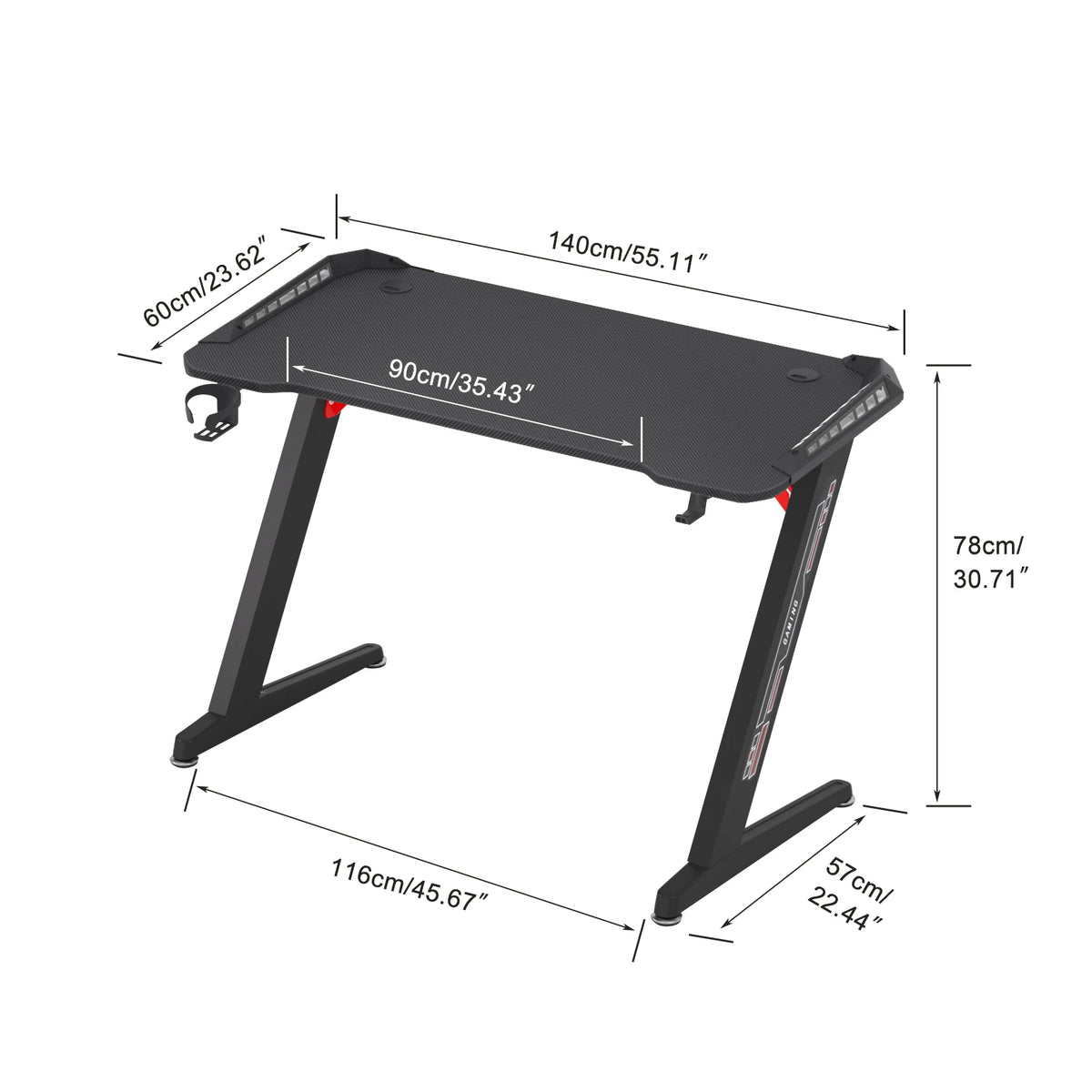 Groot laptopcomputerbureau - 55,11 x 23,62 x 30,71 inch - Rechthoekig staand bureau - Z-vormig - Gaming en thuiskantoor - PC-bureau - In hoogte verstelbaar - Zwart - QUORE