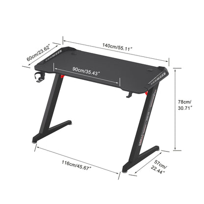 Groot laptopcomputerbureau - 55,11 x 23,62 x 30,71 inch - Rechthoekig staand bureau - Z-vormig - Gaming en thuiskantoor - PC-bureau - In hoogte verstelbaar - Zwart - QUORE
