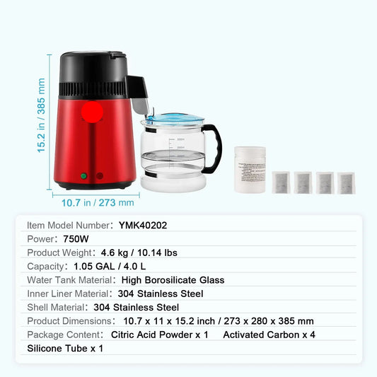 Waterdestilleerder - Water Destilleerapparaat - Automatische Distilleerder - Destilleerapparaat - Zuiver Water Maken - 4L - 750W - 220V - met Koolstoffilter - Ideaal voor Thuisgebruik - Rood