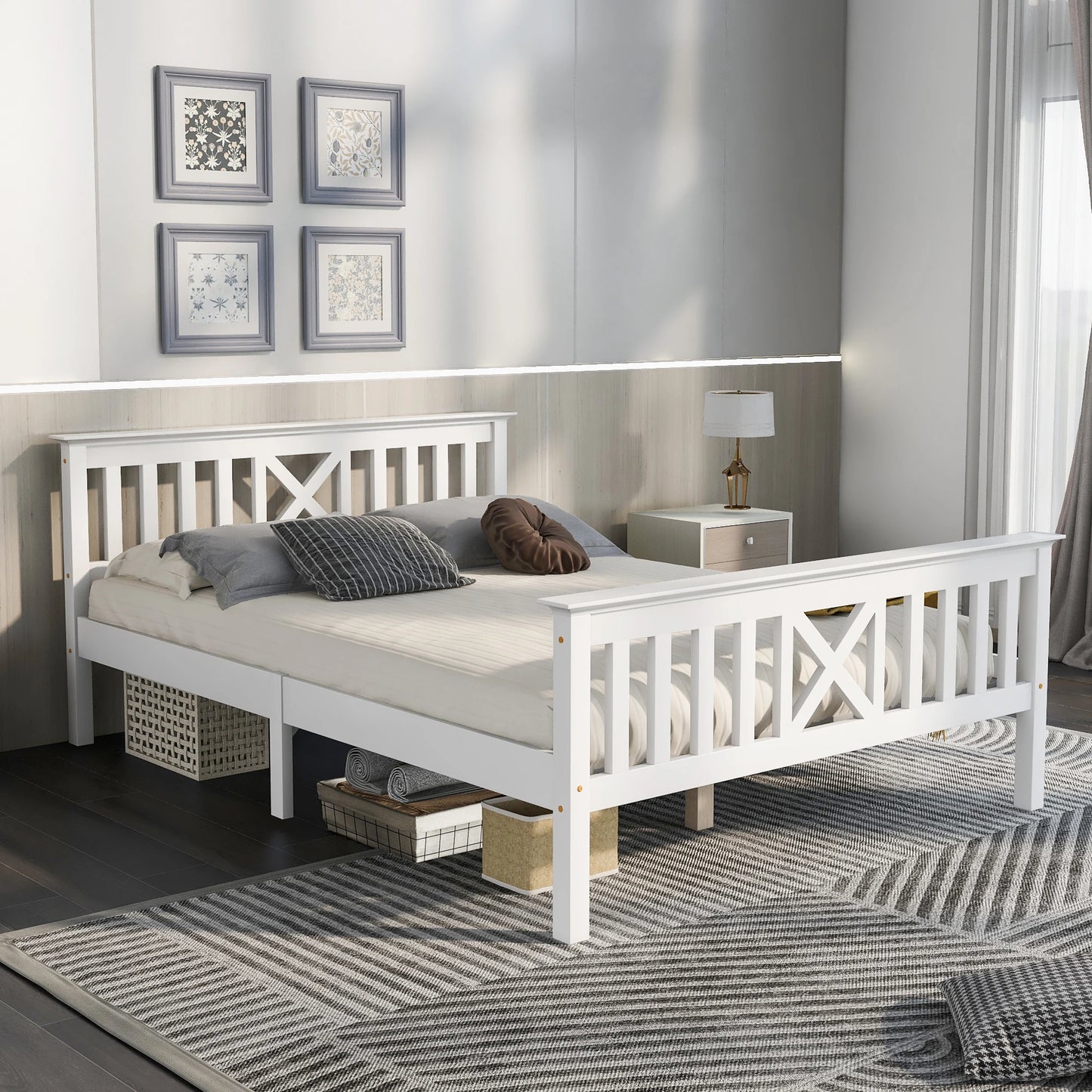 Tweepersoonsbed – Bedframe – Houten Bed – Massief Houten Bed – Slaapbed – 140x200 cm – Massief Dennehout – Lattenbodem Met Hoofdbord