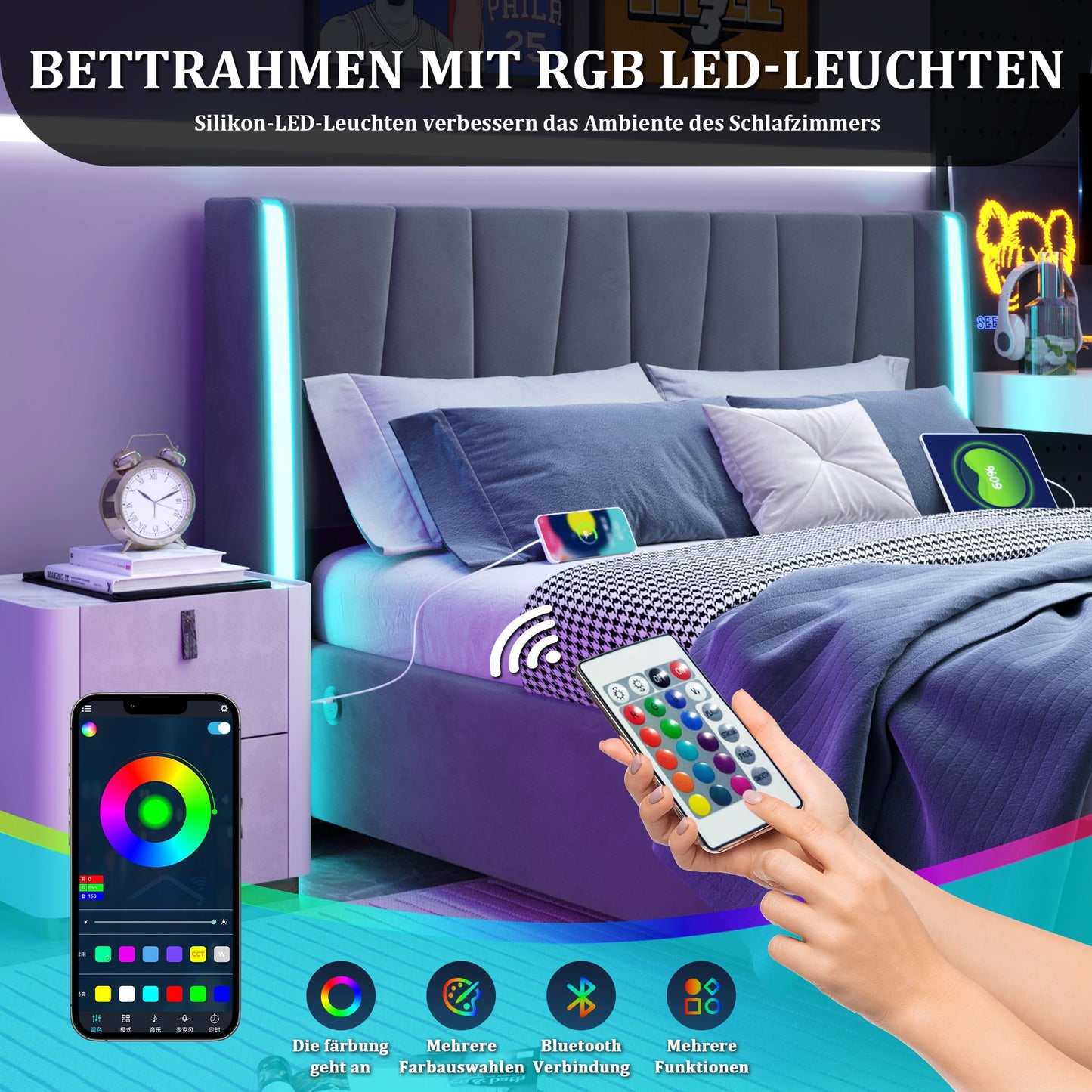 Bedframe 160x200 – Tweepersoonsbed – Boxspring – Bedombouw – Slaapkamermeubel – Fluweelstof Bekleding – Hydraulische Opbergruimte – USB Poorten – LED Sfeerverlichting