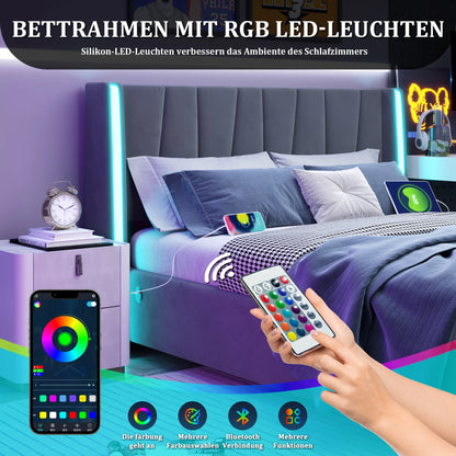 Bedframe 160x200 – Tweepersoonsbed – Boxspring – Bedombouw – Slaapkamermeubel – Fluweelstof Bekleding – Hydraulische Opbergruimte – USB Poorten – LED Sfeerverlichting